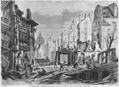 Parijs, sloop voor de bouw van Rue des Ecoles, uitzicht vanaf rue Saint-Nicolas du Chardonnet, gegraveerd door Charles Maurand door Felix Thorigny